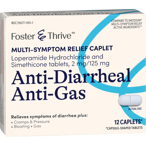 Foster & Thrive Anti-Diarrheal Anti-Gas Loperamide HCl and Simethicone 2 mg/125 mg Caplets - 12 each