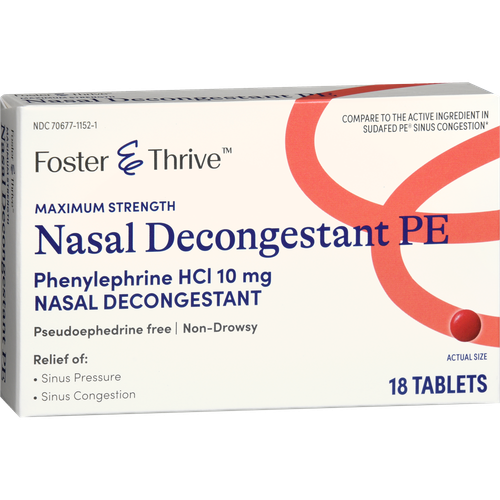 Foster & Thrive Maximum Strength Nasal Decongestant PE Phenylephrine HCl 10 mg Tablets - 18 count