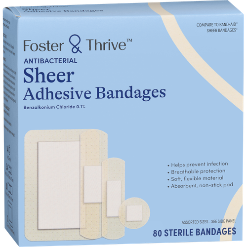 Foster & Thrive Antibacterial Sheer Adhesive Bandages Benzalkonium Chloride 0.1% Assorted Sizes - 80 count