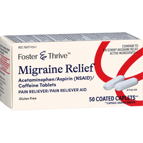 Foster & Thrive Migraine Relief Acetaminophen/Aspirin (NSAID)/Caffeine Coated Caplets - 50 count