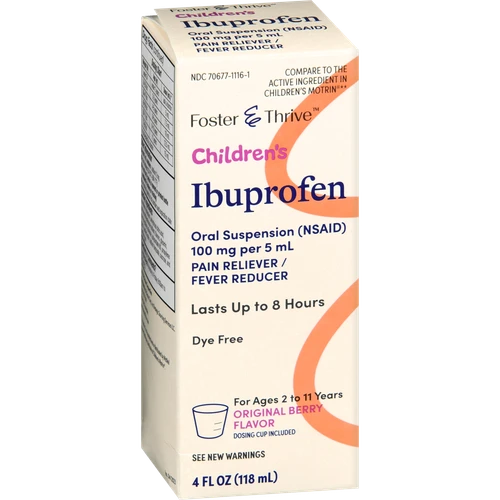 Foster & Thrive Children's Ibuprofen 100 mg pr 5 mL Oral Suspension (NSAID) Dye Free Original Berry - 4 oz