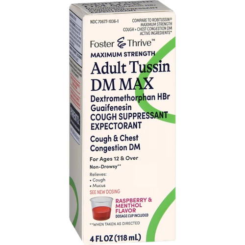 Foster & Thrive Adult Tussin DM Max Dextromethorphan HBr Guaifenesin Liquid Raspberry & Menthol - 4 oz