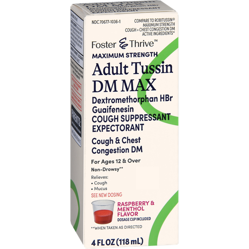 Foster & Thrive Adult Tussin DM Max Dextromethorphan HBr Guaifenesin Liquid Raspberry & Menthol - 4 oz