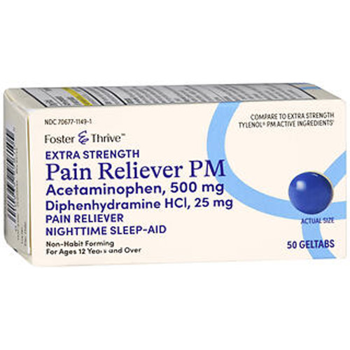 Foster & Thrive Extra Strength Pain Reliever PM Acetaminophen 500 mg Diphenhydramine HCl 25 mg Geltabs - 50 count