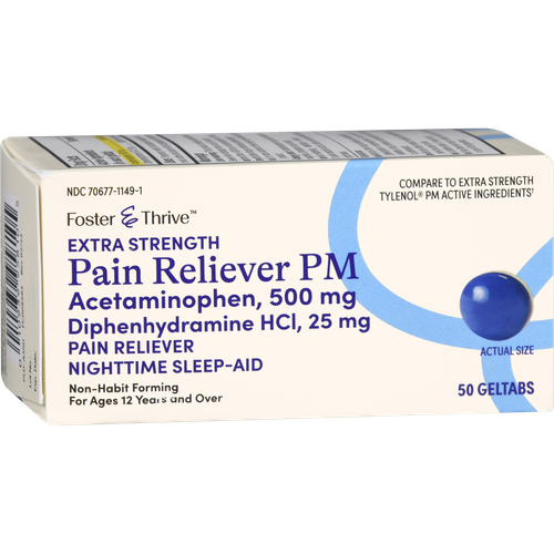 Foster & Thrive Extra Strength Pain Reliever PM Acetaminophen 500 mg Diphenhydramine HCl 25 mg Geltabs - 50 count