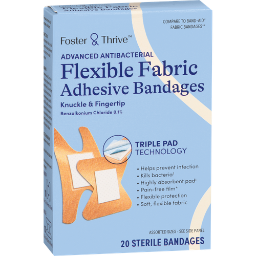 Foster & Thrive Advanced Antibacterial Flexible Fabric Adhesive Bandages Benzalkonium Chloride 0.1% Knuckle & Fingertip - 20 count