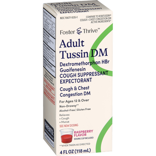 Foster & Thrive Adult Tussin DM Dextromethorphan HBr Guaifenesin Liquid Raspberry - 4 oz