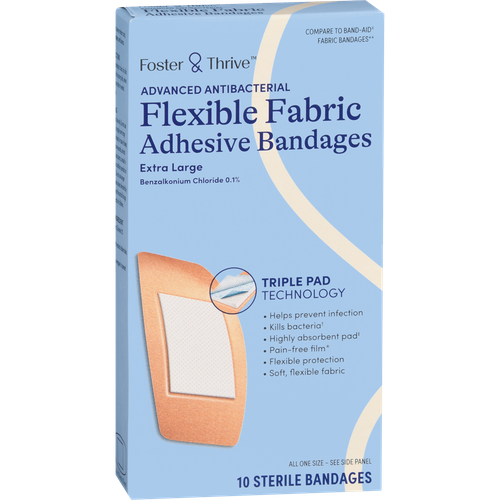 Foster & Thrive Advanced Antibacterial Flexible Fabric Adhesive Bandages Benzalkonium Chloride 0.1% Extra Large - 10 count