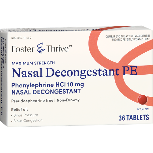 Foster & Thrive Maximum Strength Nasal Decongestant PE Phenylephrine HCl 10 mg Tablets - 36 count