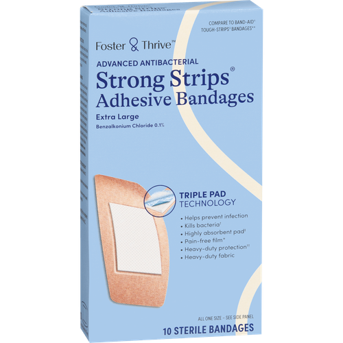 Foster & Thrive Advanced Antibacterial Strong Strips Adhesive Bandages Benzalkonium Chloride 0.1% Extra Large - 10 count