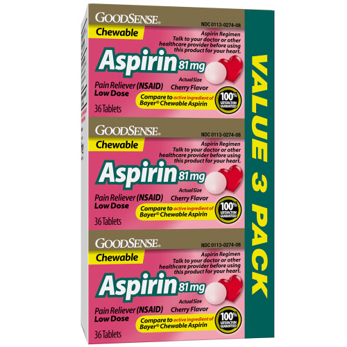 Good Sense Low Dose Chewable Aspirin Tablets, 81mg Cherry - 3/36ct