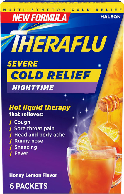 Theraflu Severe Cold And Cough Packets Nighttime Honey Lemon Infused with Chamomile And White Tea - 6 count