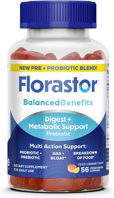 Florastor Balanced Benefits Digest + Metabolic Support Probiotic Vegetarian Gummies Peach Lemonade - 56 ct