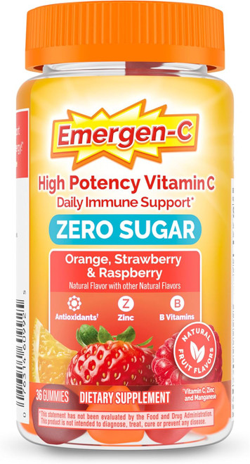 Emergen-C Daily Immune Support High Potency Vitamin C Gummies Zero Sugar Orange, Strawberry & Raspberry - 36 gummies