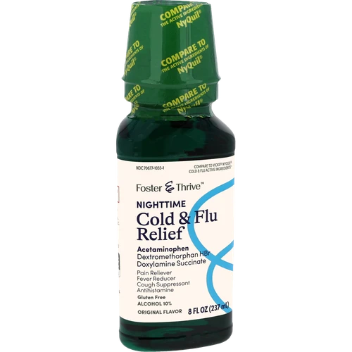 Foster & Thrive Nighttime Cold & Flu Relief Acetaminophen Dextromethorphan HBr Doxylamine Succinate Liquid Original - 8 oz