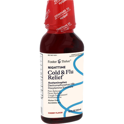 Foster & Thrive Nighttime Cold & Flu Relief Acetaminophen Dextromethorphan HBr Doxylamine Succinate Liquid Cherry - 12 oz