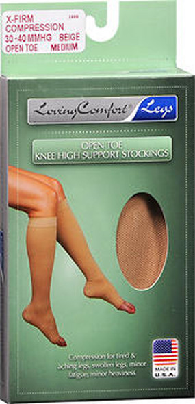 Loving Comfort Support Knee High Stockings X-Firm Compression Open Toe Beige Large - 1 pair
