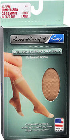 Loving Comfort Support Knee High Support Stockings X-Firm Beige Large Closed Toe