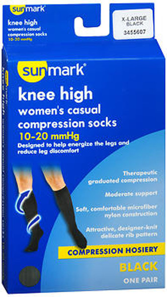 Sunmark Women's Compression Knee High Casual Socks 10-20 mmHg Black X-Large