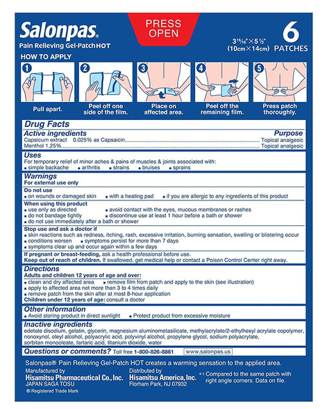 Salonpas Pain Relieving Gel-Patches Hot - 6 Ct.