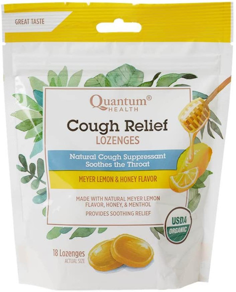 Quantum Health Organic Cough Relief Lozenges, Meyer Lemon & Honey, Natural Menthol Cough Suppressant, Bagged, 18 Ct.