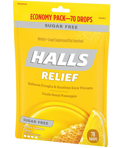 Halls Cough Suppressant Drops Sugar Free Honey Lemon Flavor - 70 ct