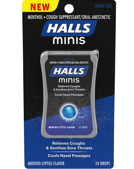 Halls Mini Menthol Cough Suppressant/Oral Anesthetic Drops Sugar Free Mentho-Lyptus Flavor - 24 ct