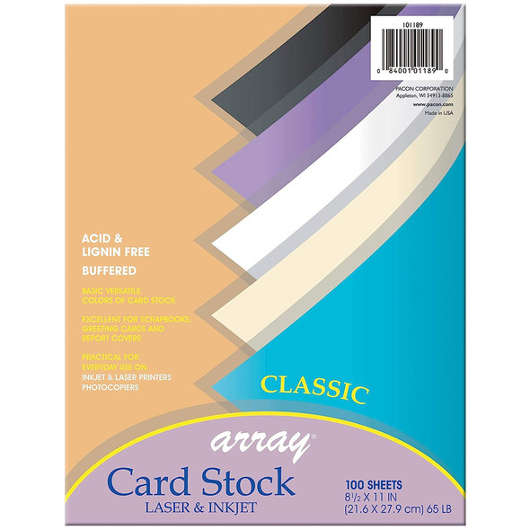 Pacon Card Stock, Classic Assortment, 5 Colors, 8-1/2" x 11" - 100 Sheets