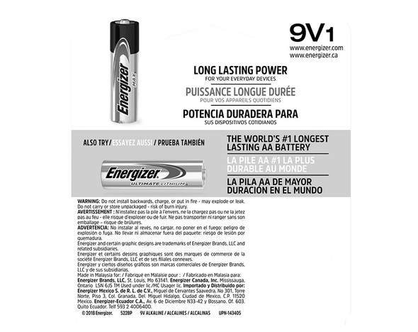 Energizer MAX Alkaline Battery 9 Volt