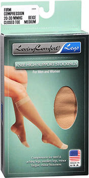 Loving Comfort Knee High Support Stockings Closed Toe, Firm, Beige, Medium - 1 pr