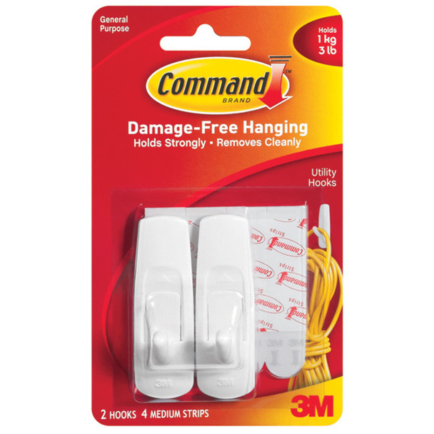 Command Adhesive Utility Hooks, White, Medium - 1 Pkg