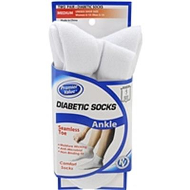 Premier Value Seamless Toe Diabetic Ankle Socks- White Md - 2pk