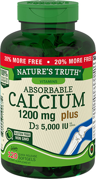 Nature's Truth Absorbable Calcium 1200 mg plus D3 5000 IU per Serving Quick Release Softgels  - 120 ct