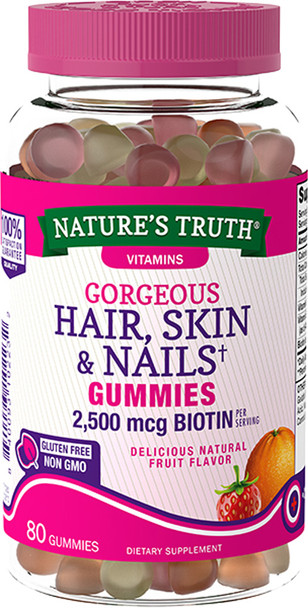 Nature's Truth Hair, Skin & Nails Gummies 2500 mcg Biotin Fruit Flavor - 80 ct
