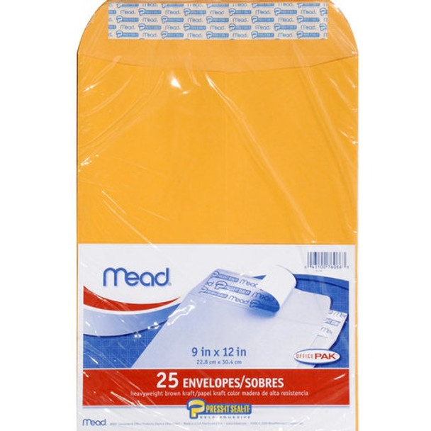Mead Kraft Press-it-Seal Envelope - Brown Kraft 25 ct, 9 x 12"