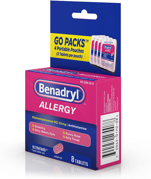 Benadryl Ultratabs Go Packs, Antihistamine Tablets with Diphenhydramine HCl,2 Count (Pack of 4)