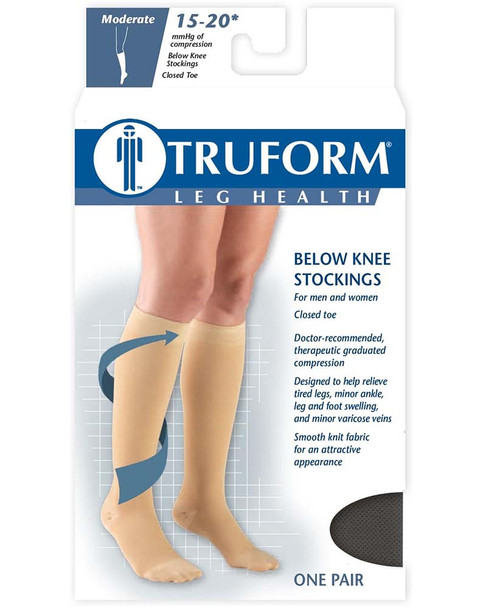 Truform 15-20 mmHg Compression Stockings for Men and Women, Knee High Length, Closed Toe, Black - Medium