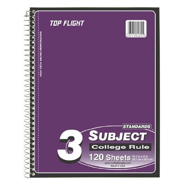 Top Flight Standards 3-Subject Wirebound Notebook, 120 Sheets, 3-Hole Punched, College Rule, 10.5 x 8 Inches, 1 Notebook, Color May Vary (31804)