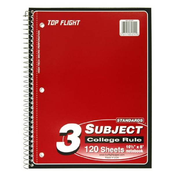 Top Flight Standards 3-Subject Wirebound Notebook, 120 Sheets, 3-Hole Punched, College Rule, 10.5 x 8 Inches, 1 Notebook, Color May Vary (31804)