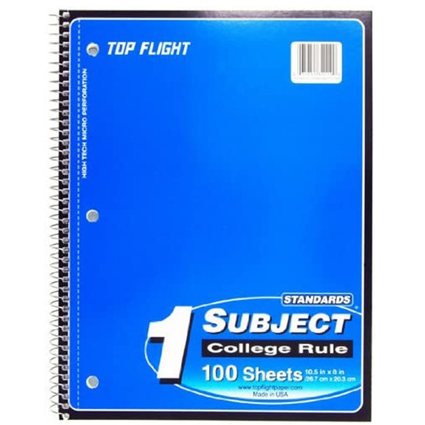 Top Flight Standards 1-Subject Wirebound Notebook, 100 Sheets, 3-Hole Punched, College Rule, 10.5 x 8 Inches, 1 Notebook, Color May Vary (31119)
