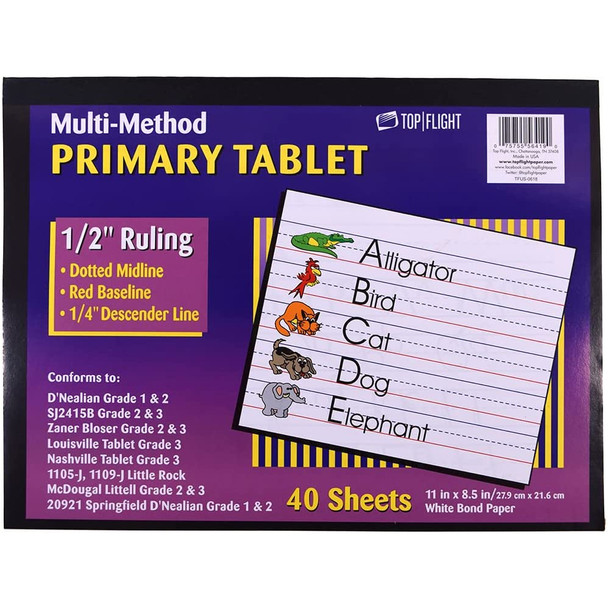 Top Flight Multi-Method 3rd Grade Primary Tablet, 1/2 Inch Ruling, Bond Paper, 11 x 8.5 Inches, 40 Sheets