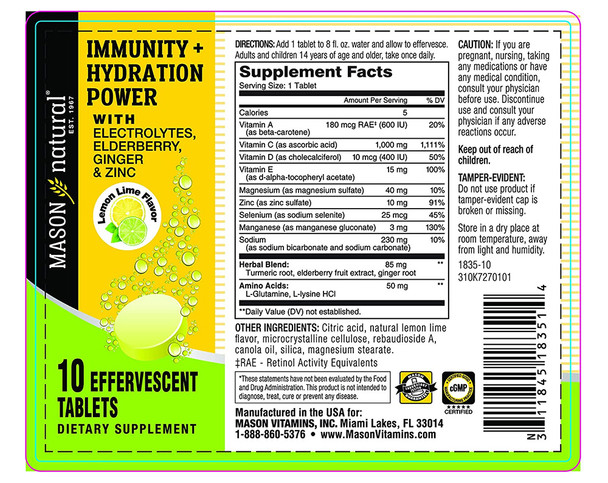 Mason Natural Immunity + Hydration Powder Dietary Supplement Effervescent Tablets Lemon Lime Flavor - 10 ct
