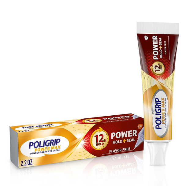 Poligrip Power Max Denture Adhesive Cream, Flavor Free - 2.2 oz