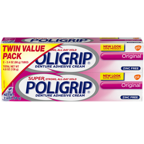 Super Poligrip Original Denture Adhesive Cream Twin Pack, Zinc Free - 2.4 oz