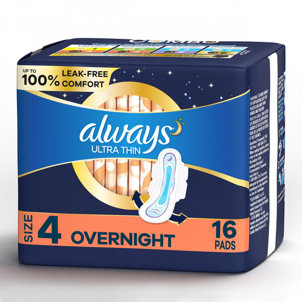 Always Ultra Thin Overnight Pads with Flexi-Wings, Size 4 - 12 pks of 16