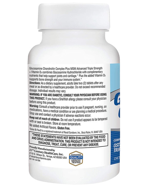 21st Century Glucosamine Chondroitin Complex plus MSM Advanced Triple Strength + Vitamin D3 Coated Tablets - 80 ct