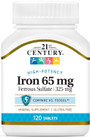 21st Century Iron 65 mg with  Ferrous Sulfate 325 mg - 120 Tablets