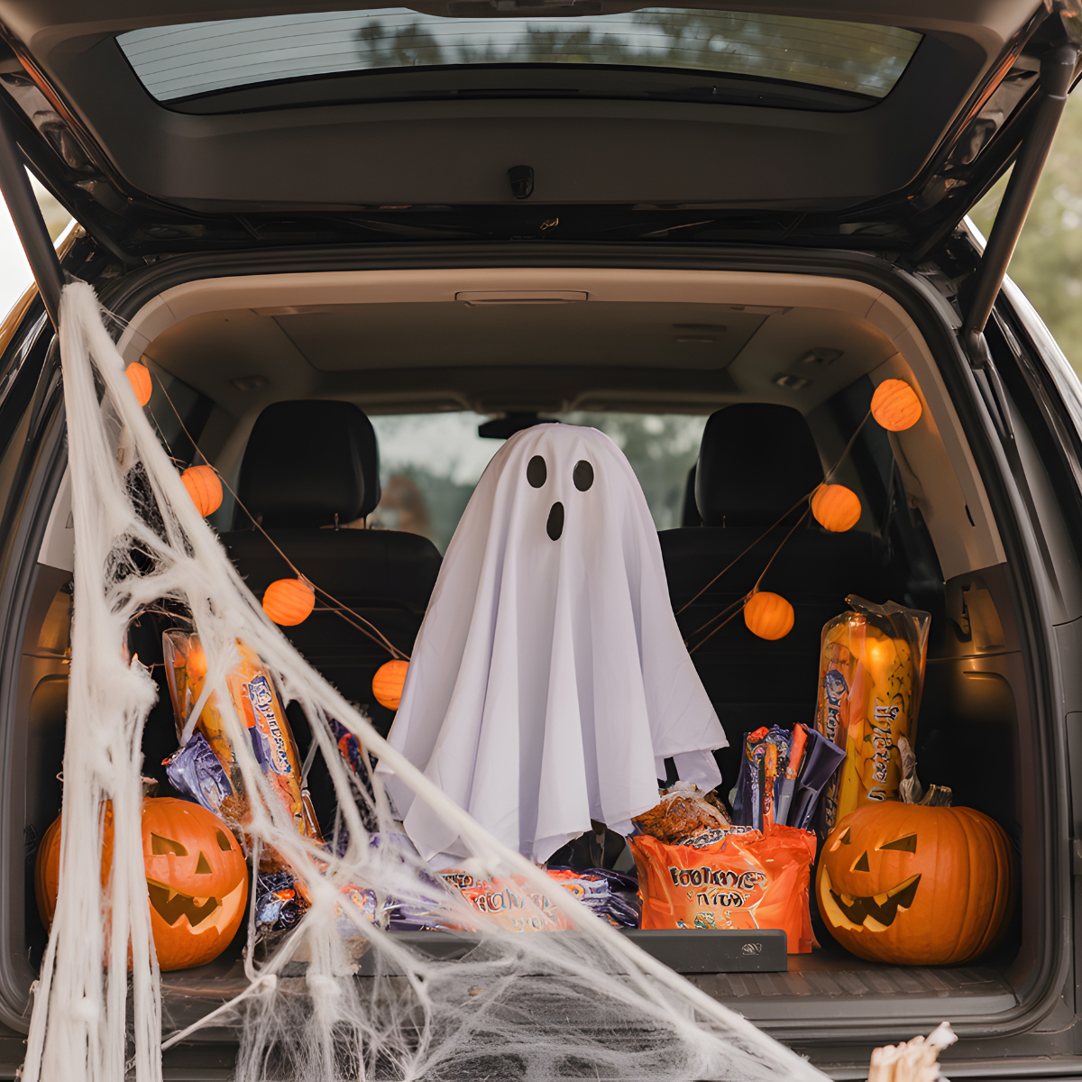 Collage of Halloween and fall images featuring trick-or-treating children, candy, jack-o’-lanterns, and autumn decorations with a misty blue background.