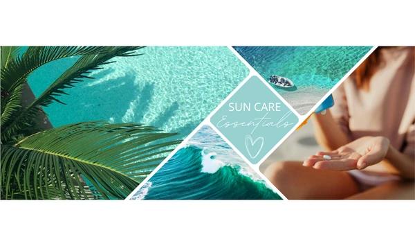Summer beach and ocean scenes with sun care imagery representing sunscreen and outdoor skin protection for sunny days.