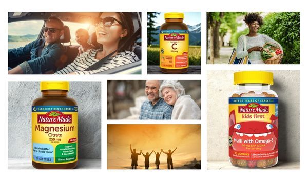 Nature Made vitamins with happy families and outdoor scenes promoting health and wellness.